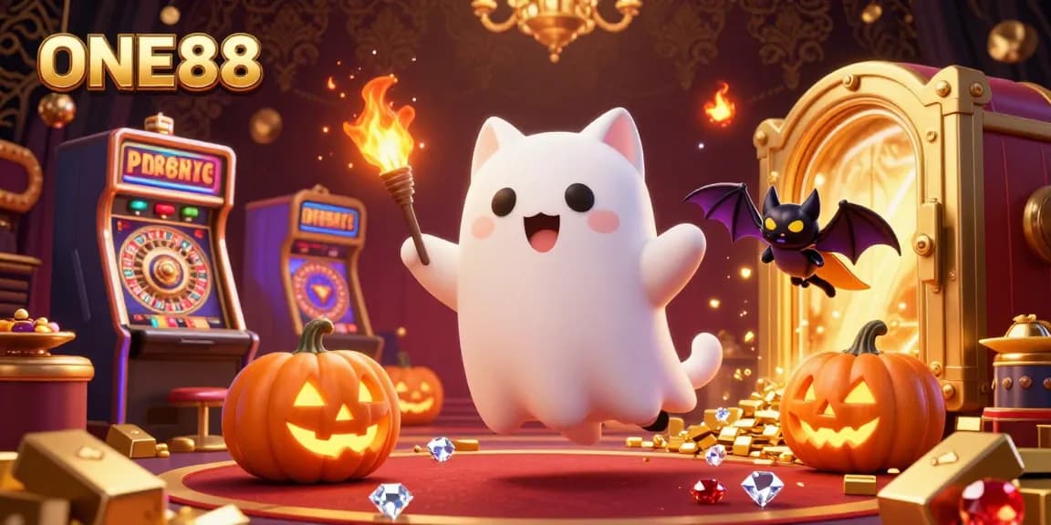 Engage in thrilling gameplay at ONE88 with a vibrant casino scene featuring a friendly ghost cat and glowing jack-o-lanterns.