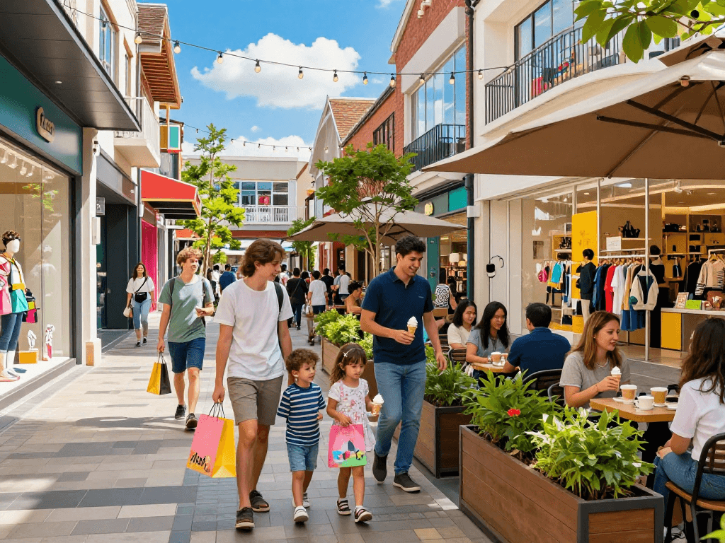 Experience the vibrant shopping atmosphere at https://www.goldhillplaza.com with families enjoying sunny retail therapy.