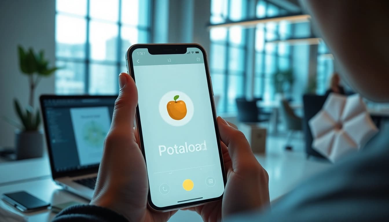 Engaging scene illustrating Potato下载 on a smartphone in a modern workspace, emphasizing secure communication.