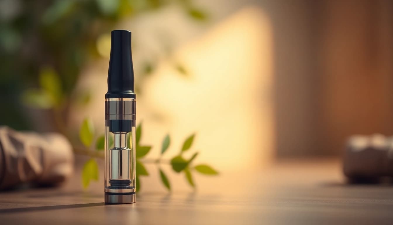 Buy DMT online with a close-up view of a DMT vape cartridge on a natural backdrop.