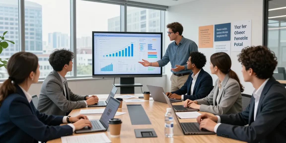 Team collaboration in a modern office showcasing Unternehmer Portal benefits for business growth.