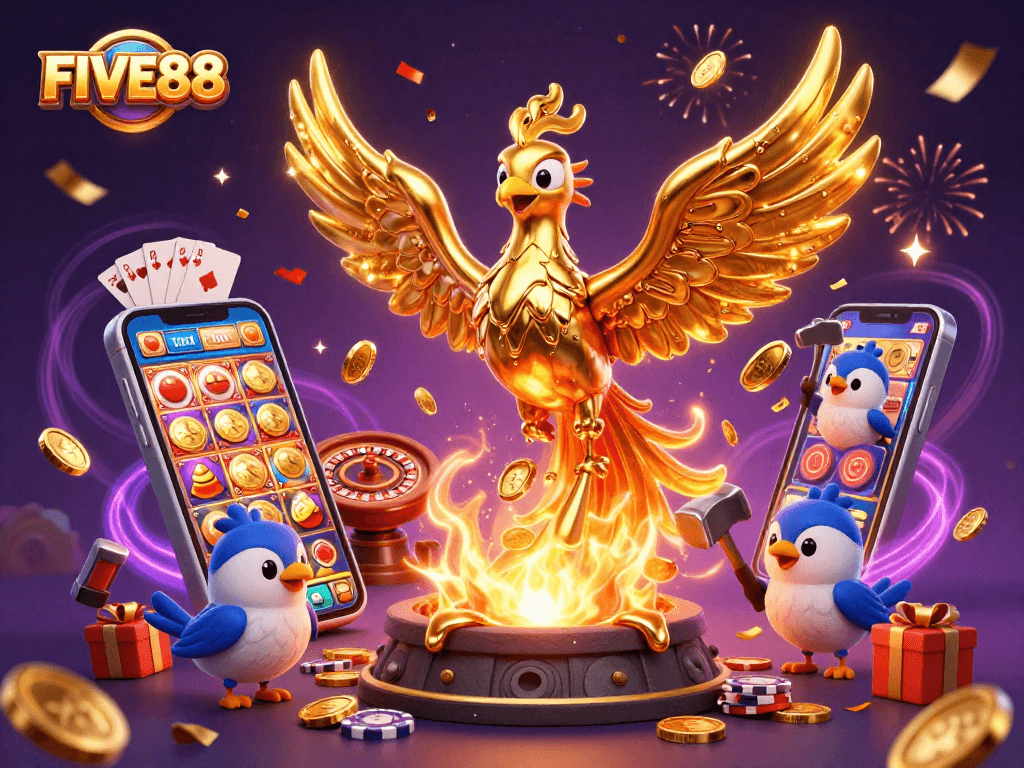Experience the excitement of FIVE88 with vivid casino elements and a dynamic golden phoenix scene.