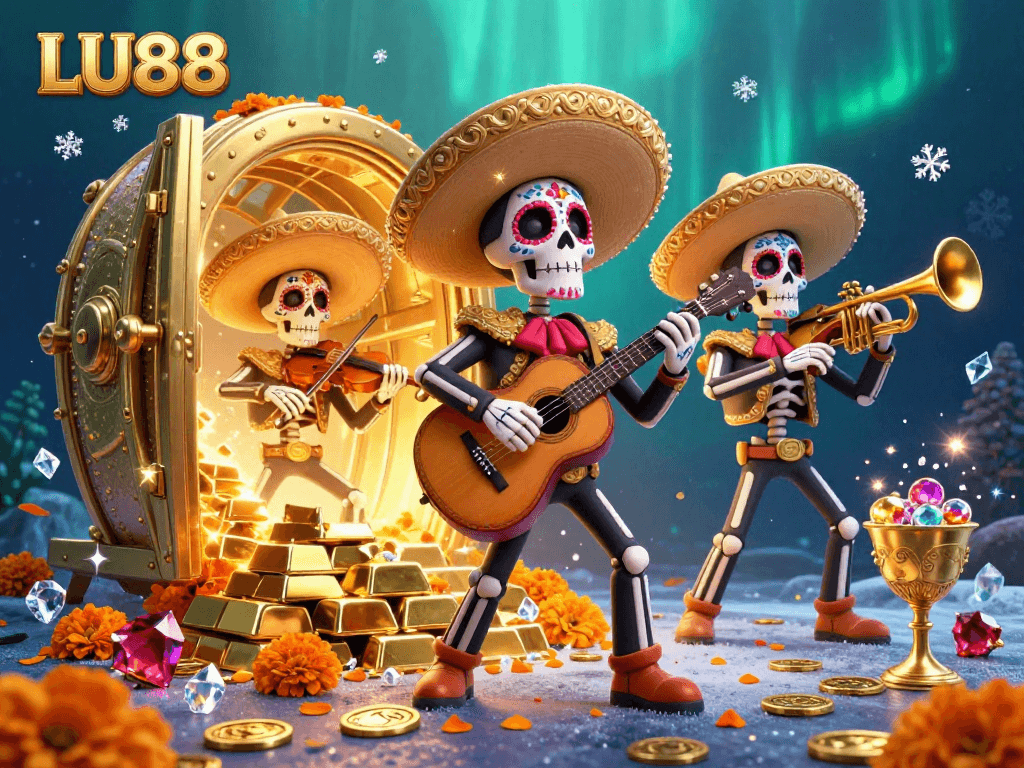 Play exciting casino games with LU88 in a vibrant Dia de los Muertos themed illustration.