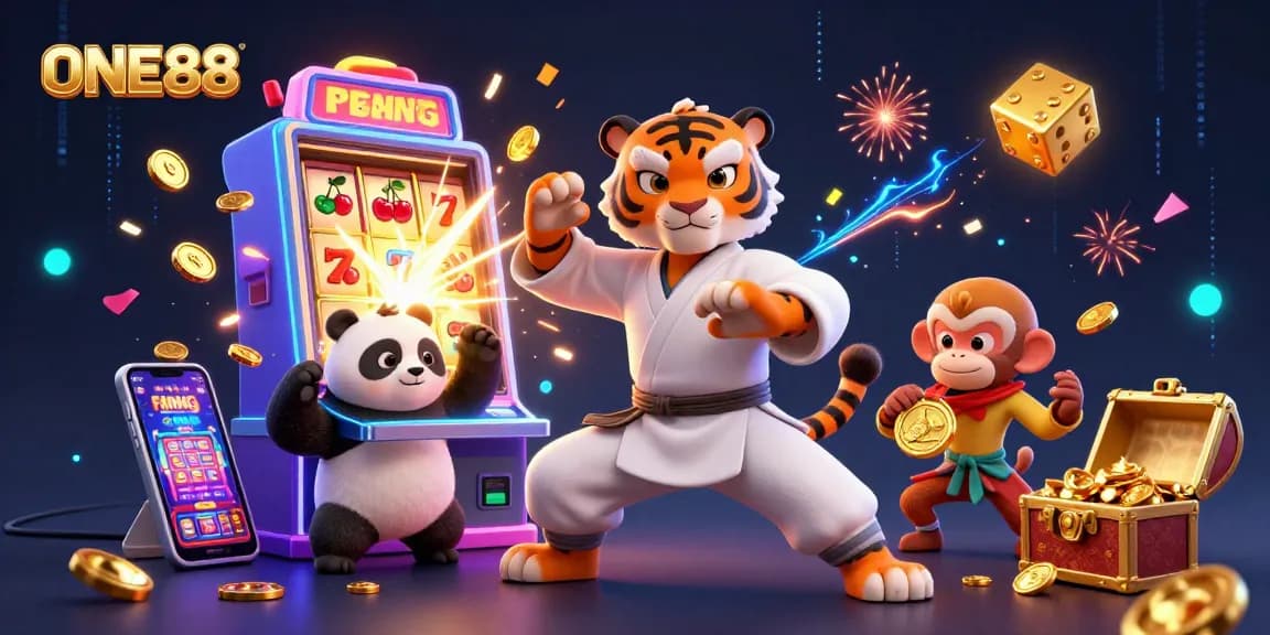 Experience ONE88's vibrant casino action with a kung fu tiger, panda, and monkey amid jackpots!