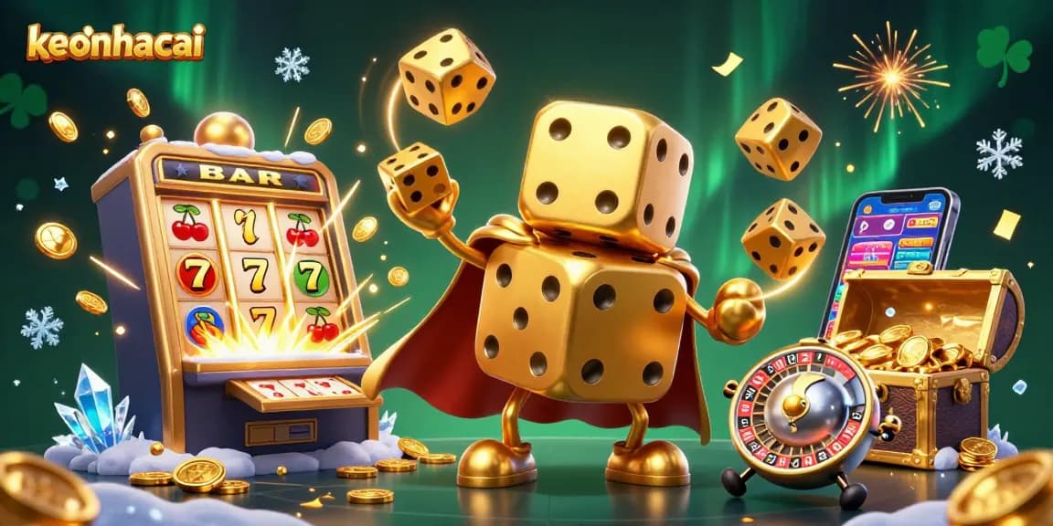 Experience the excitement of keonhacai with vibrant 3D casino elements, golden dice, and slot machines.