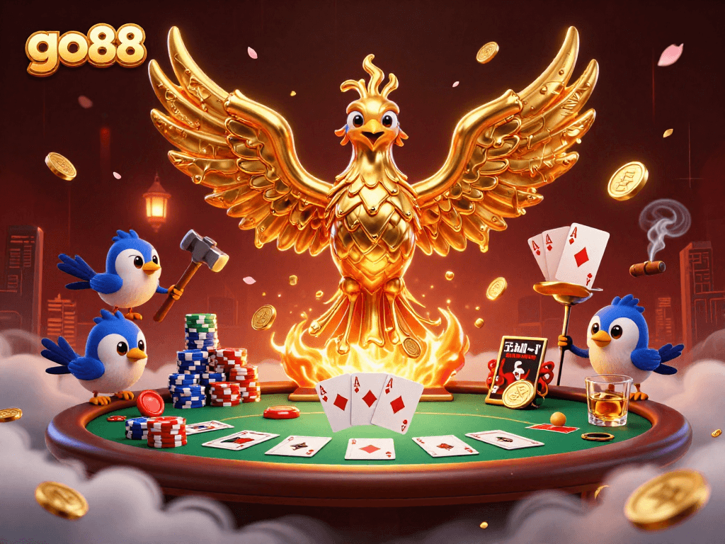 Engage with go88 by watching the golden phoenix soar through a vibrant casino scene filled with poker chips and cards.