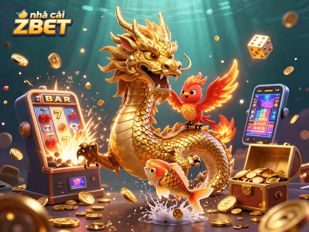 Engage with the excitement at nhà cái ZBET's vibrant slot games featuring a dragon, phoenix, and koi fish