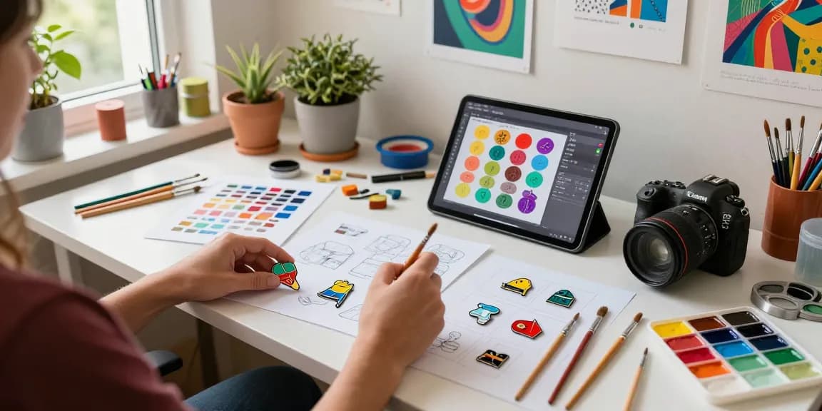 Designer creating custom enamel pins in a bright, inspiring workspace filled with vibrant samples and art supplies.