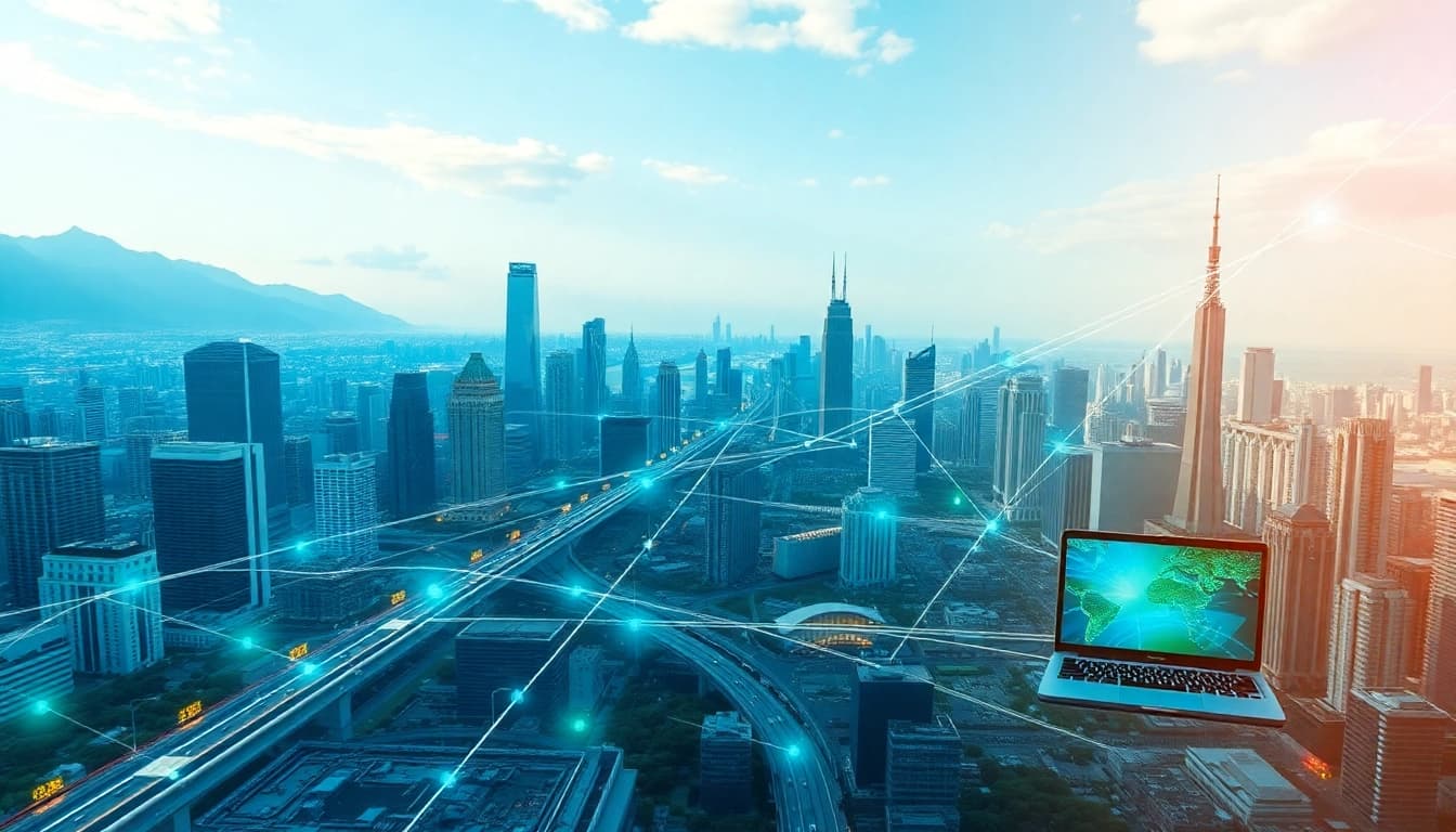 Global network acceleration visualization highlighting 快连官网 with connecting devices and a futuristic cityscape.