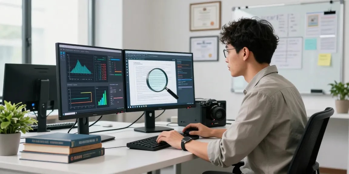 Document fraud detection workspace with cybersecurity analyst analyzing suspicious documents and data graphs.