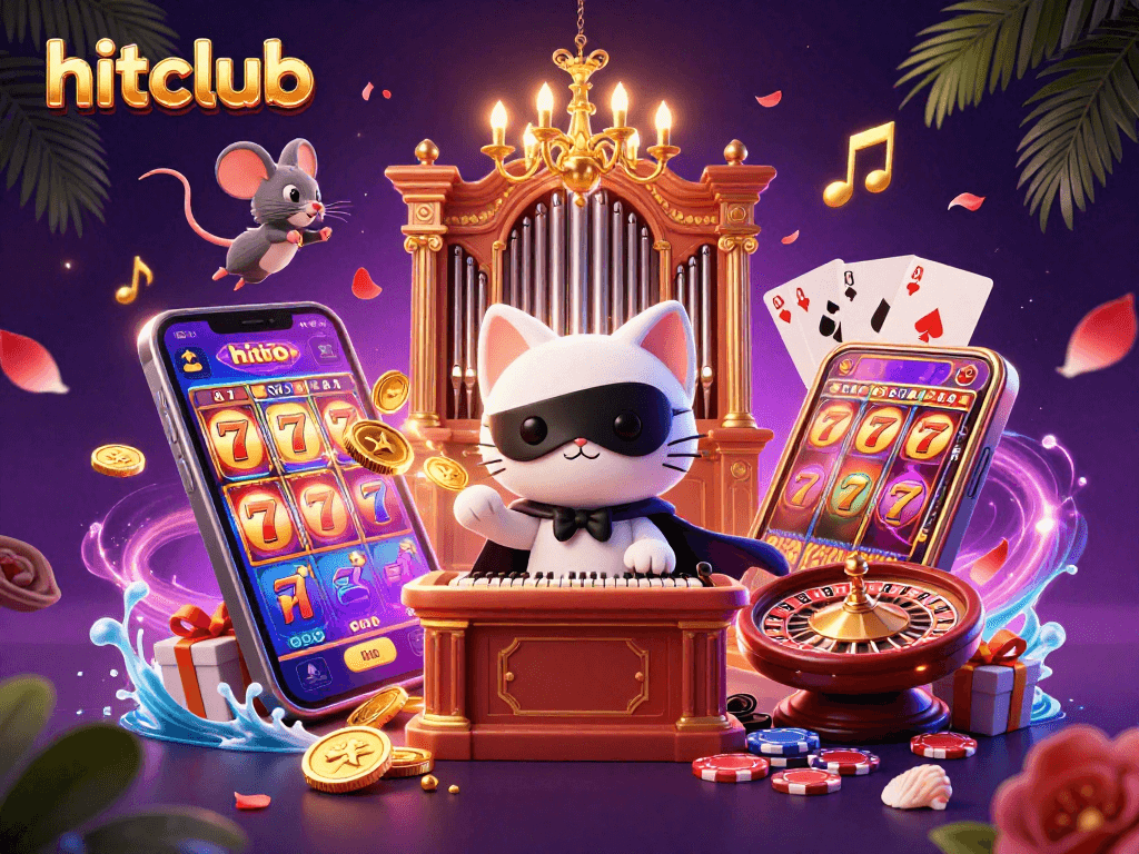 Experience hitclub's vibrant casino atmosphere with dazzling game elements and characters singing.