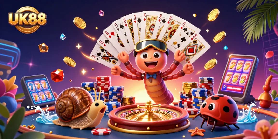 Experience thrilling action at UK88 with a vibrant illustration showcasing a millipede dealer and high-stakes casino excitement.