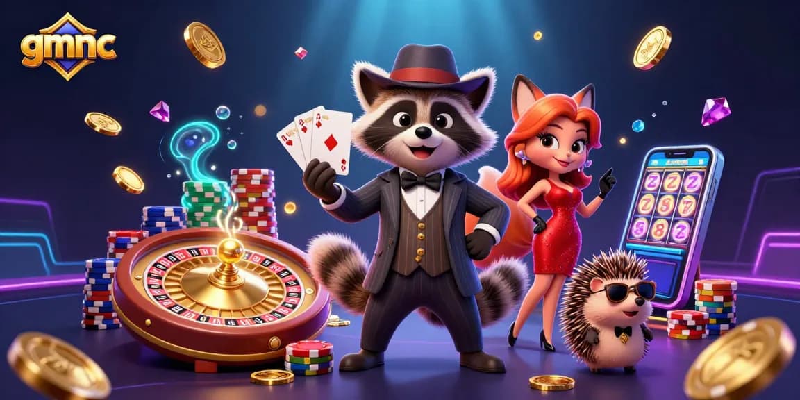 Experience gmnc's vibrant casino scene featuring a raccoon with a royal flush and sparkling casino elements.