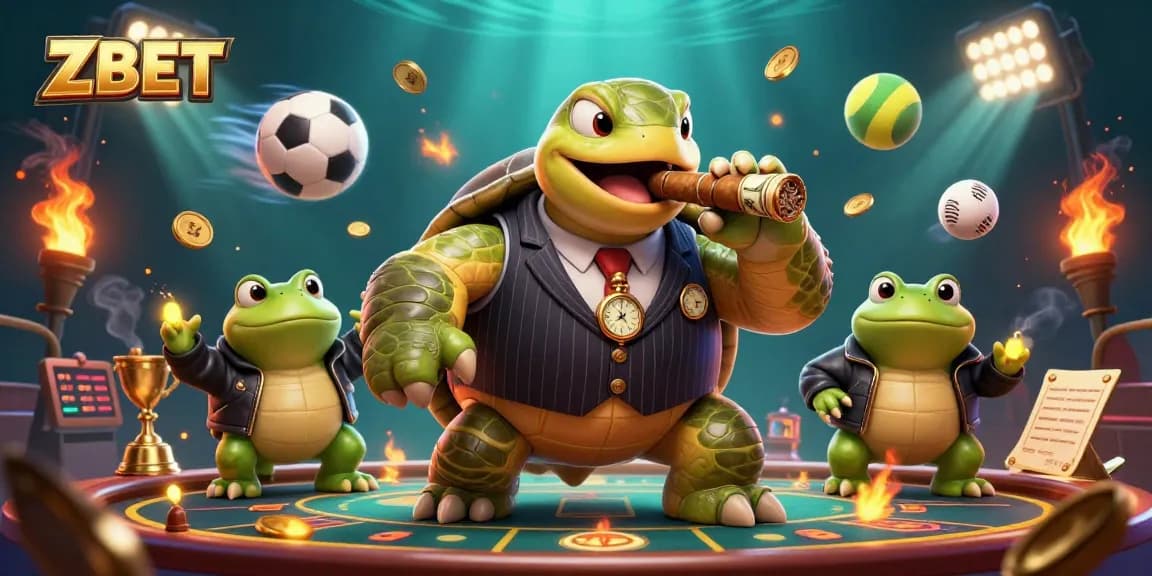Interact with the dynamic casino scene featuring ZBET, a turtle mobster, and sports elements.