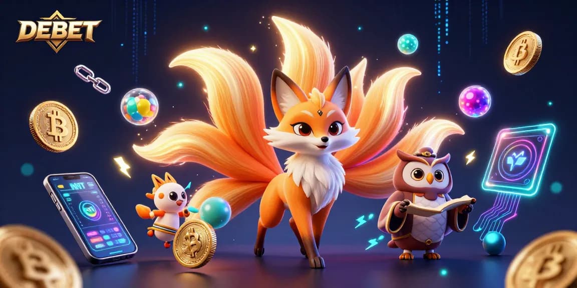 Experience the thrill of DEBET gaming with vibrant characters and crypto elements in this dynamic casino scene.