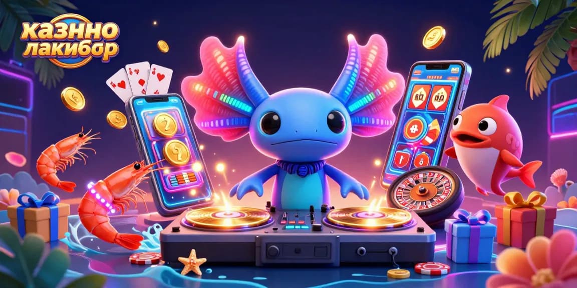 Experience the vibrant atmosphere of казино лакибир with an energetic DJ axolotl and lively underwater casino scene.