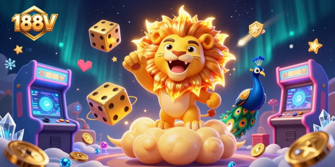Experience thrilling gaming adventures with 188V’s vibrant 3D casino illustration, featuring roaring characters and dynamic casino elements.