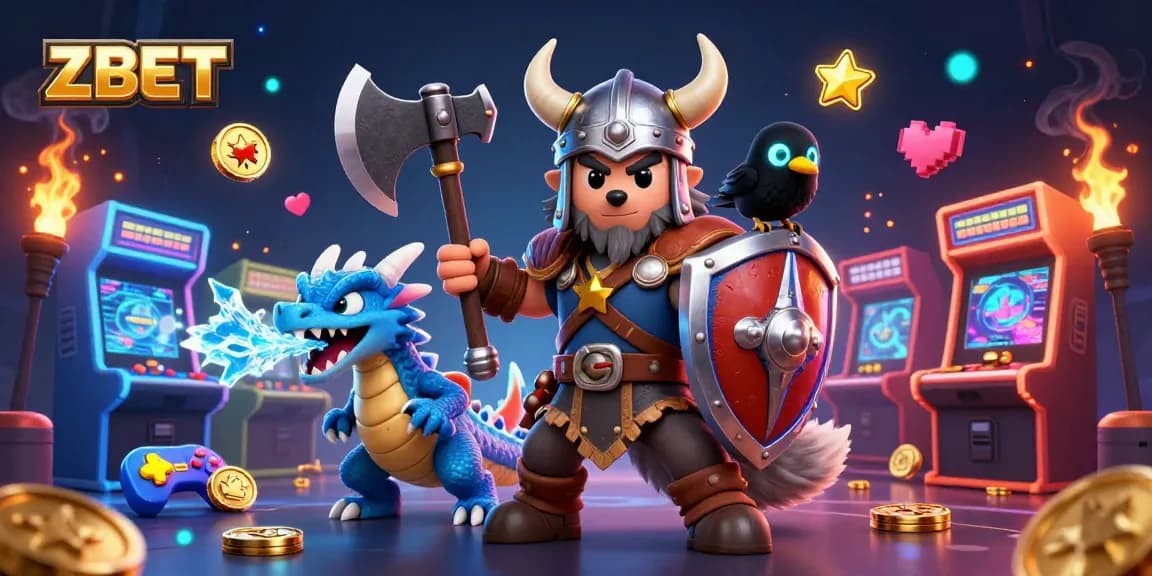 ZBET players enjoy an immersive 3D casino experience with a Viking wolf warrior, dragon, and arcade elements.