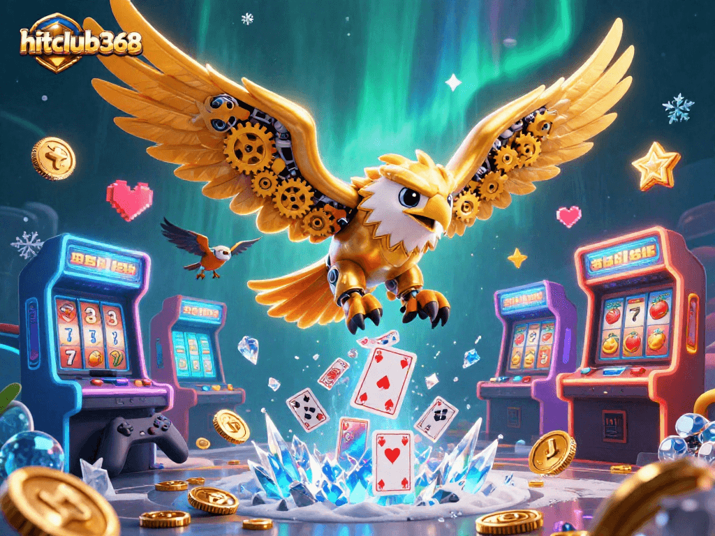 Engage in exciting gameplay at hitclub368 featuring a cybernetic eagle amidst holographic cards and vibrant casino elements.