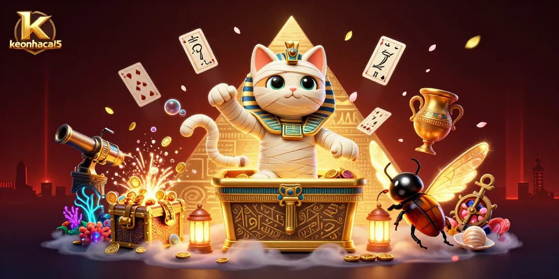 Experience the excitement of keonhacai5 with an Egyptian mummy cat and vibrant casino elements.