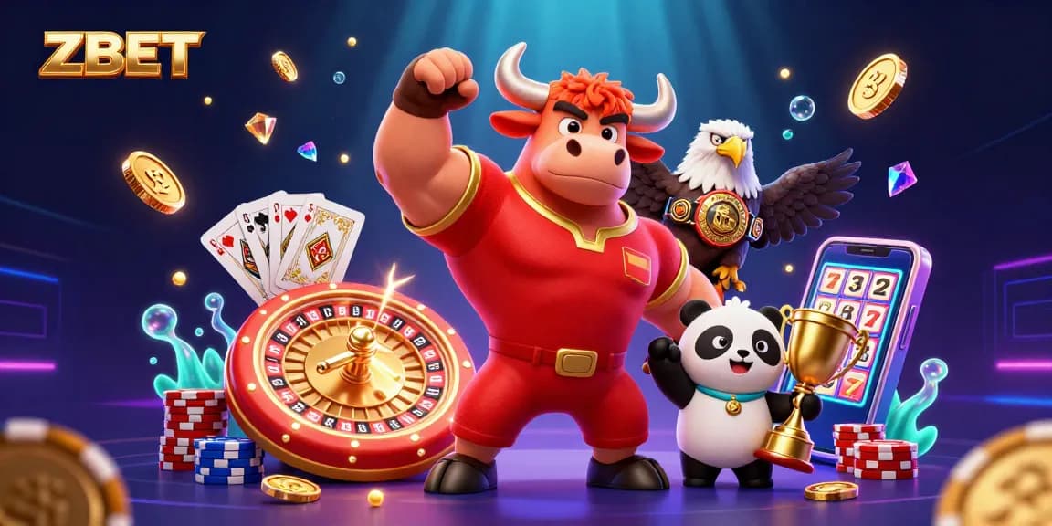 ZBET promotes exciting gaming experiences with a muscled bull mascot celebrating victory and a joyful panda trophy holder.