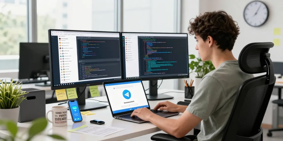 Professional using Telegram Web Version on a laptop in a bright office, showcasing modern workspace.
