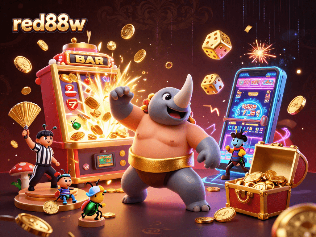 red88w showcases an exciting 3D casino scene with a sumo champion and elements of slots and games.