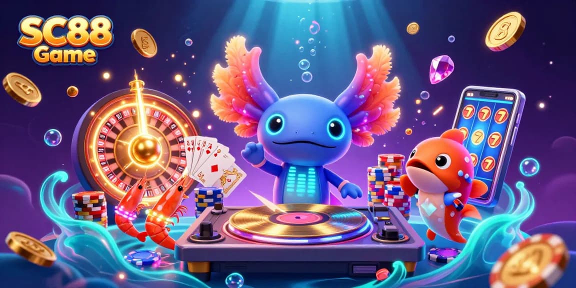 Engage with the vibrant SC88 Game, featuring neon axolotl DJ and colorful casino elements.