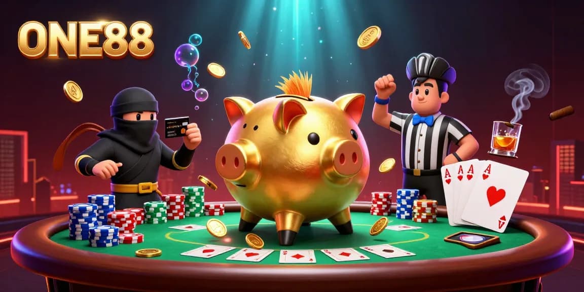 ONE88 sumo piggy bank stomps coins in vibrant casino scene with poker elements.