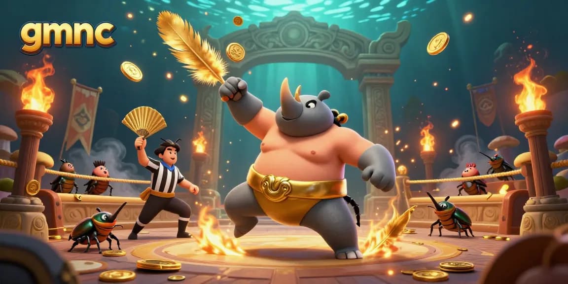 gmnc reveals a thrilling arena battle with a beetle champion, dynamic coins flying in an exciting casino atmosphere