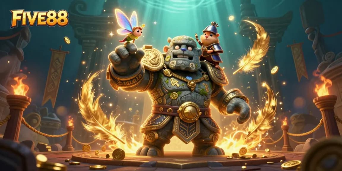 Engage with FIVE88 through an adventurous illustration featuring a golem, fairy, and hamster knight in a dynamic casino scene.
