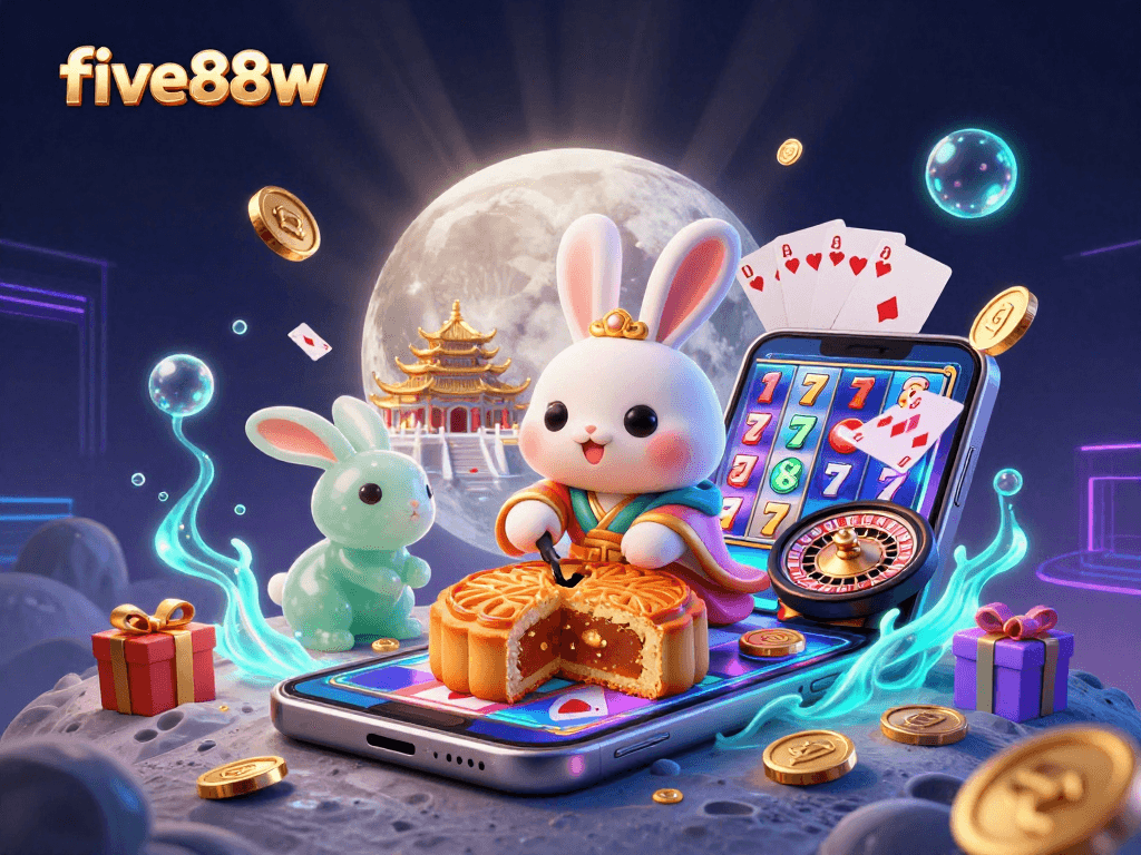 Experience the thrill of five88w with a dynamic 3D illustration showcasing exciting casino games and folklore elements.