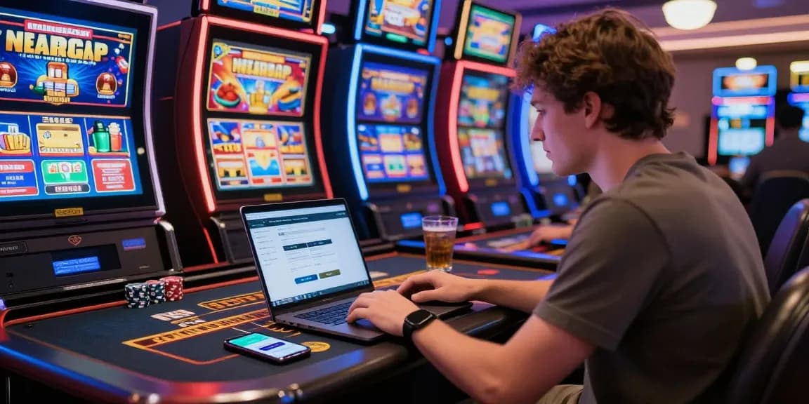 Exciting atmosphere at new credit card casinos with a player enjoying slot games and digital payments, vibrant lights, and promotions.