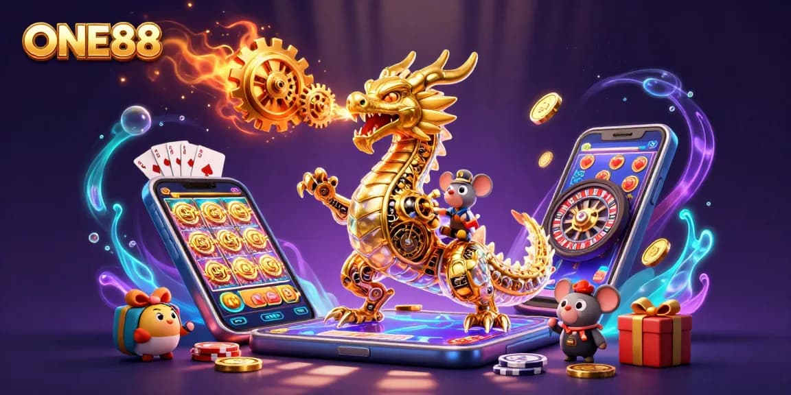 Engage with ONE88's thrilling world of gaming, featuring a biomechanical dragon and vibrant slot games.