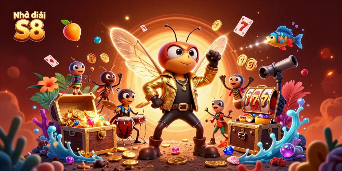 Play and win at Nhà cái S8 with a vibrant casino scene featuring animated characters and exciting games.