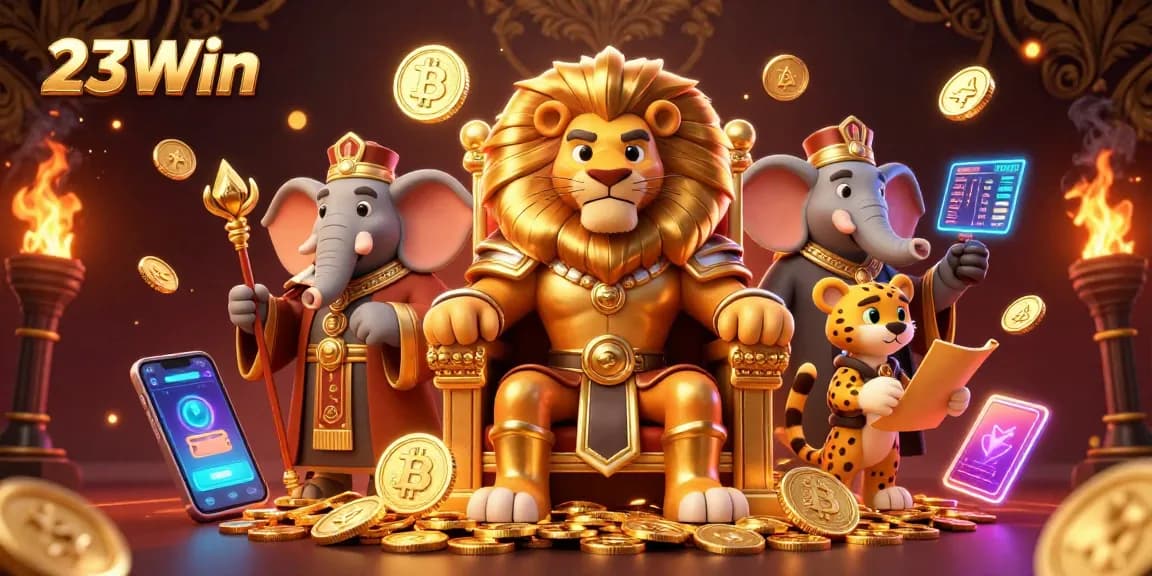 Experience the luxury of 23Win with a lion king and friends in a vibrant 3D casino.