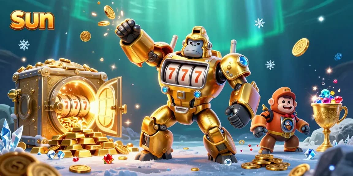 Engage with the sun-themed golden gorilla mech amid a vibrant casino treasure scene.