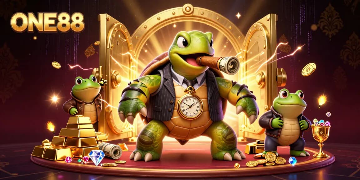 ONE88 showcases a snapping turtle mobster surrounded by casino treasures in a vibrant 3D illustration.