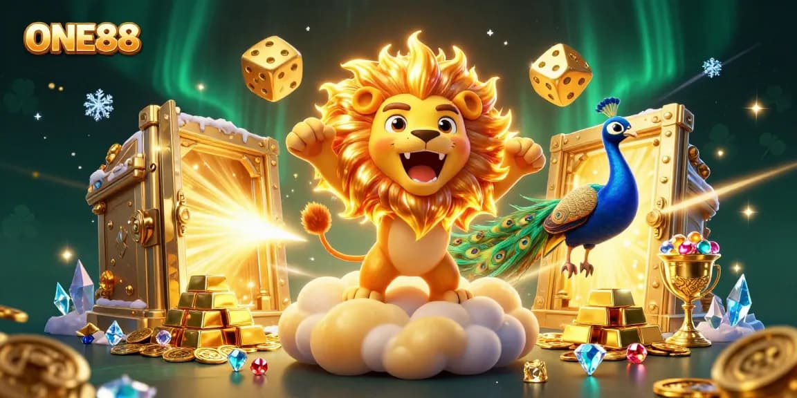 Engage in the thrilling world of ONE88 with a vibrant 3D digital casino illustration featuring gaming treasures.