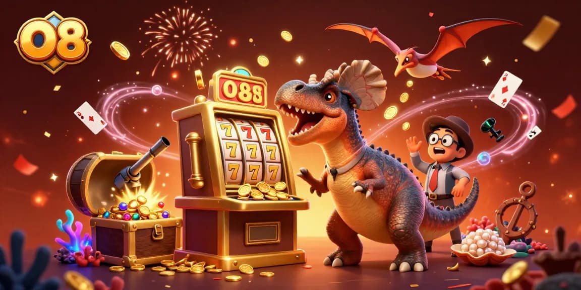 O8 slot machine scene with a dinosaur celebrating jackpot wins amidst dynamic casino elements