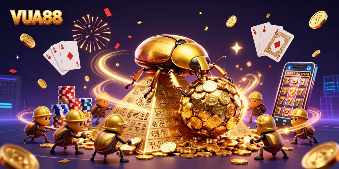 Experience thrilling wins with VUA88 in this vibrant casino-themed illustration.