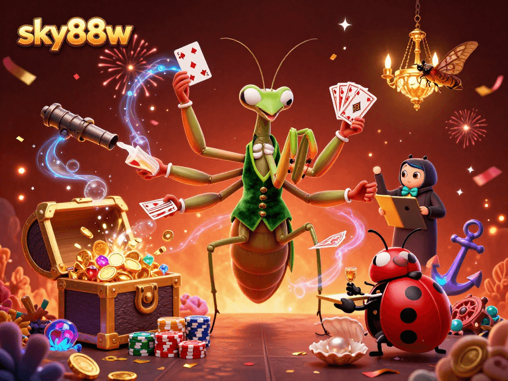 Engage with exhilarating gaming at sky88w, featuring a lively casino scene filled with vibrant characters and dynamic elements.