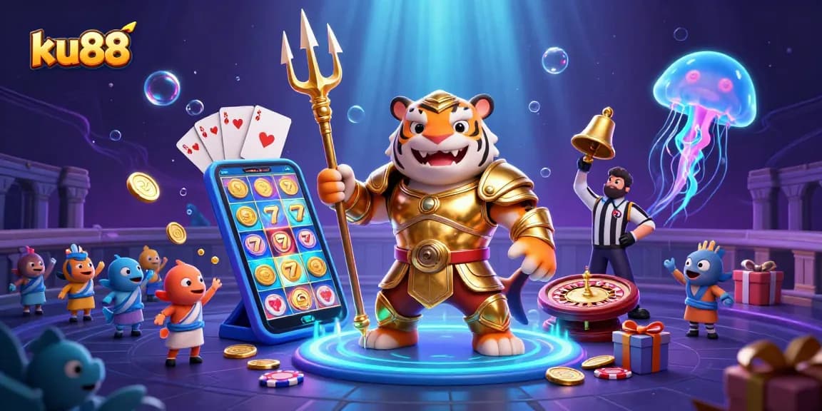ku88 showcases an underwater colosseum with a gladiator shark and exciting slot game elements