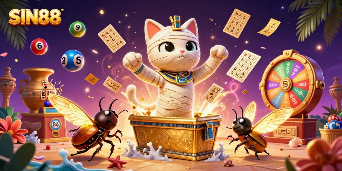 SIN88 reveals thrilling moments in a colorful lottery-themed pyramid casino vibrant with excitement.