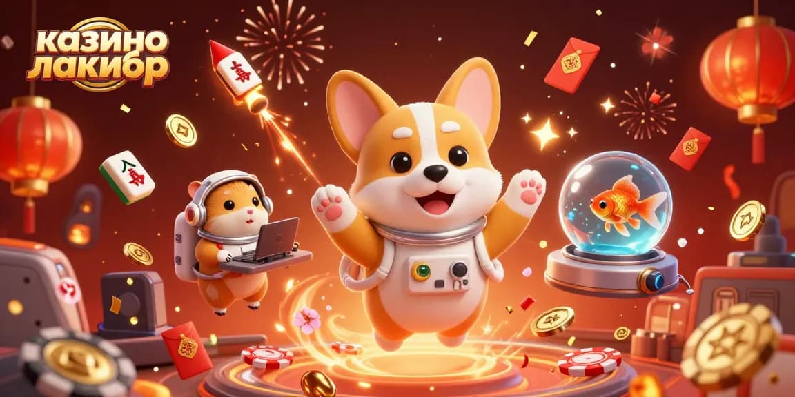 Win big at казино лакибир with a lively illustration of cartoon characters celebrating in a casino.