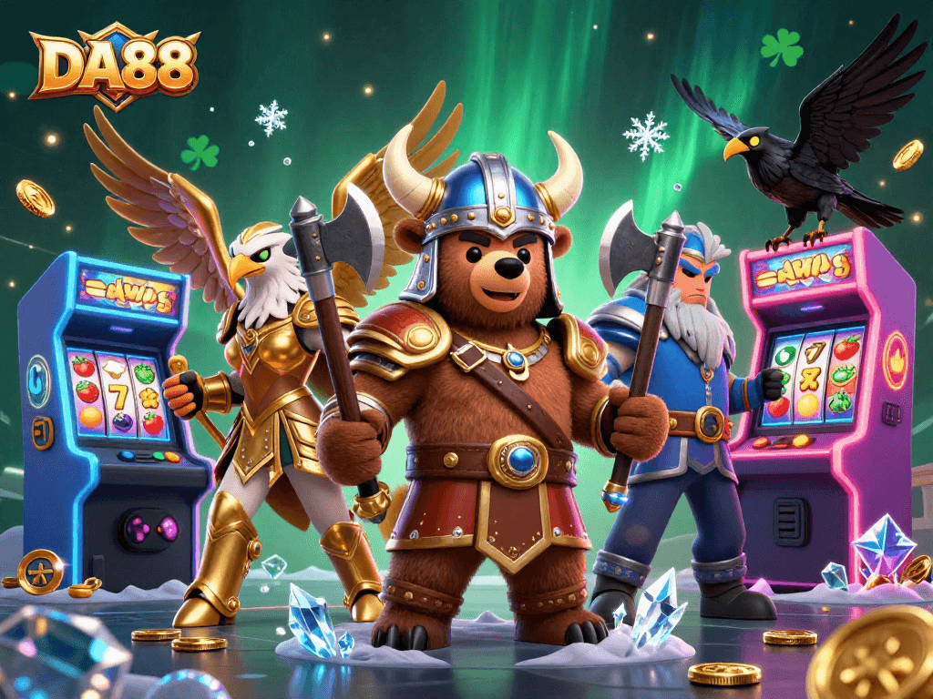 Join the excitement at DA88 with vibrant slots and a brave Viking bear in this dynamic casino illustration.