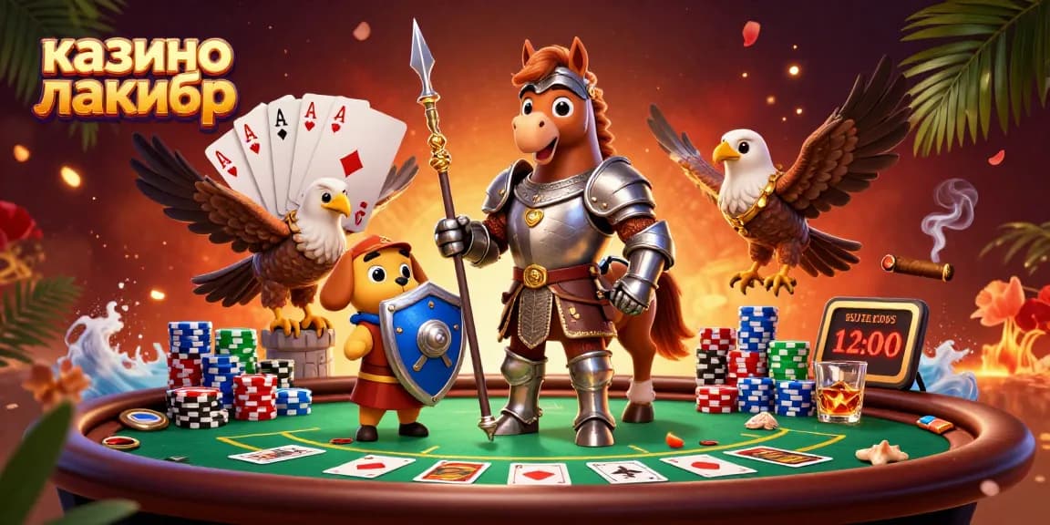 Experience the thrill at казино лакибир with 3D characters battling at a vibrant poker table.