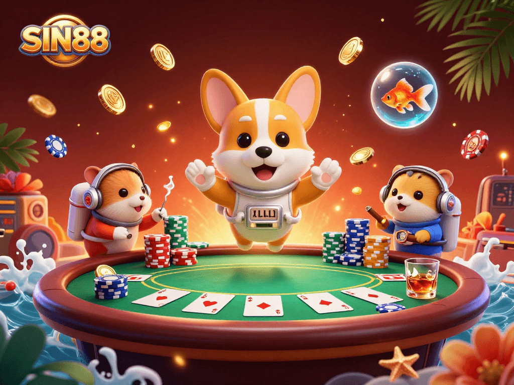 SIN88 immerses players in a vibrant, zero-gravity casino filled with poker gaming elements and colorful characters.