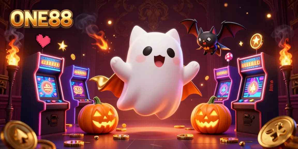 Win big at ONE88 with a fun ghost cat and vibrant casino-themed elements!