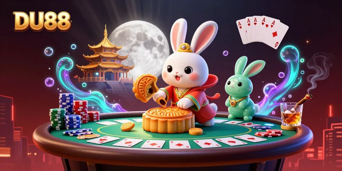 Engage with DU88, featuring a moon rabbit plying at a vibrant casino-themed lunar setup.